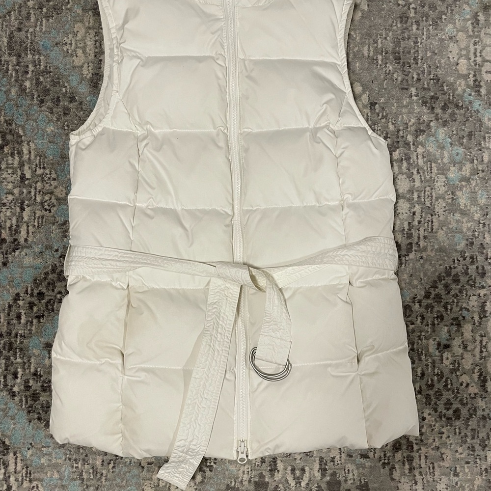 Long belted goose down filled vest